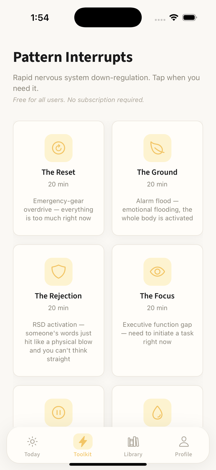 Emergency Toolkit screen with 10 on-demand pattern-interrupt sessions
